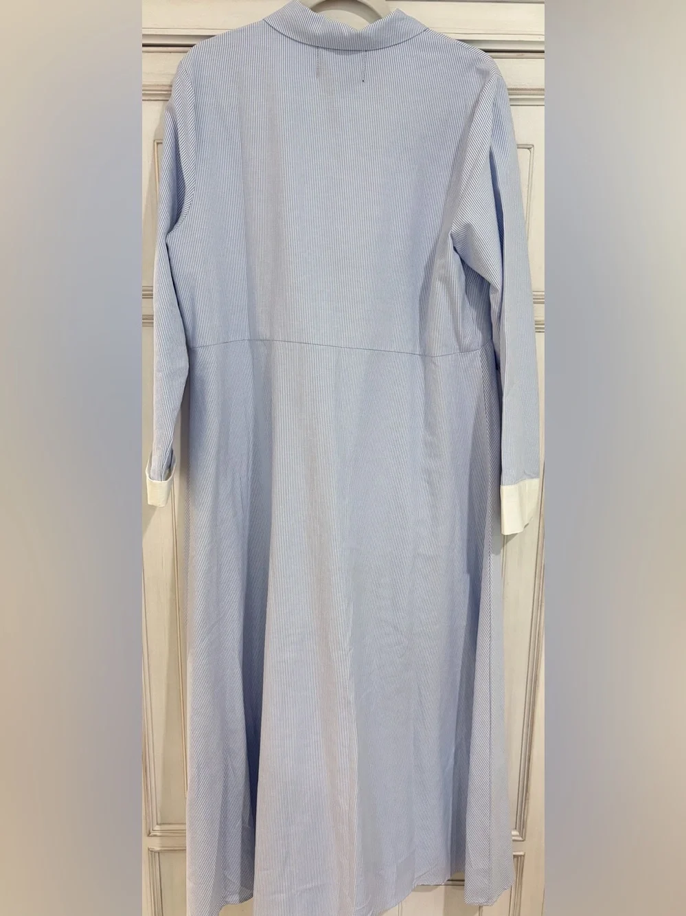 NWT SZ L Aleeza Paris Amazing Light Blue Pinstripe Maxi Dress w/Contrast Cuffs - Picture 2 of 8